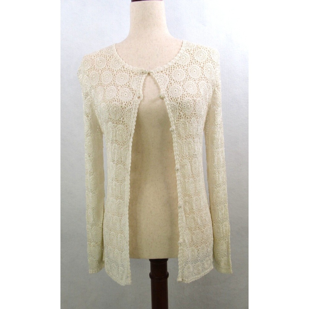 VTG Sheer Crochet Knit Long Sleeve Button Front Cardigan 90s Fairy Goth Cottage